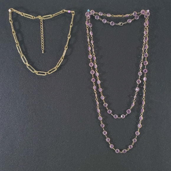 Necklace Bundle of 3 Faux Amethyst Long Rectangle Textured Gold Chain Choker - Picture 7 of 7